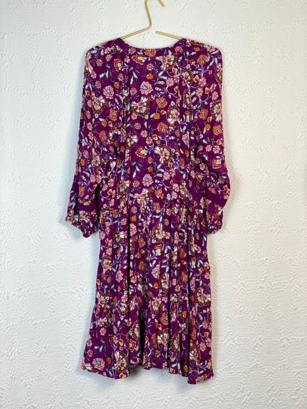Frye & Co Purple Floral Boho Midi Dress Rayon 3/4 Sleeve Size Large Festival - Picture 3 of 6